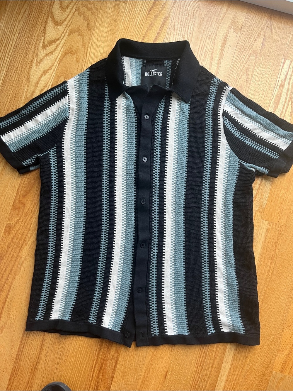 Hollister Black, Light Blue & White Striped Button-Front Knit Shirt